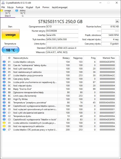 250GB HDD SATA SEAGATE ST9250311CS 2.5 USZKODZONY