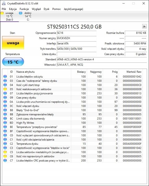 250GB HDD SATA SEAGATE ST9250311CS 2.5 USZKODZONY