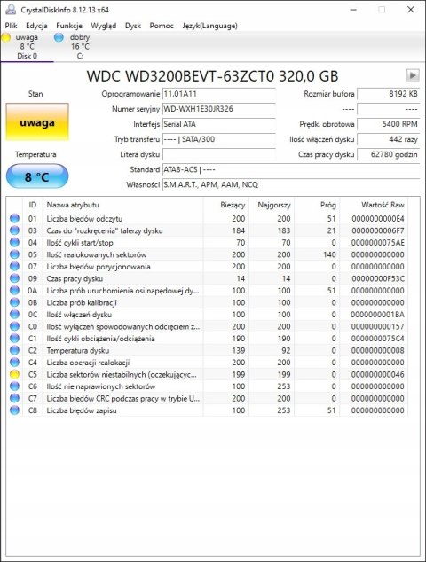 320GB HDD SATA WD WD3200BEVT 2.5 USZKODZONY