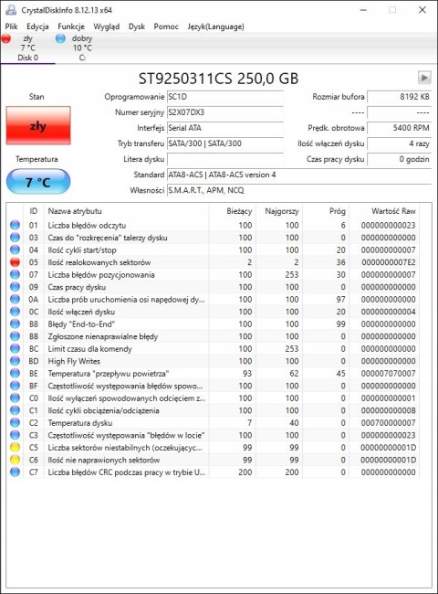 250GB HDD SATA SEAGATE ST9250311CS 2.5 USZKODZONY