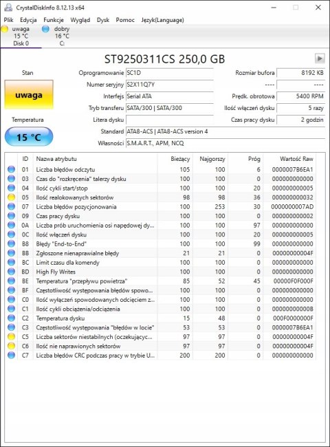 250GB HDD SATA SEAGATE ST9250311CS 2.5 USZKODZONY