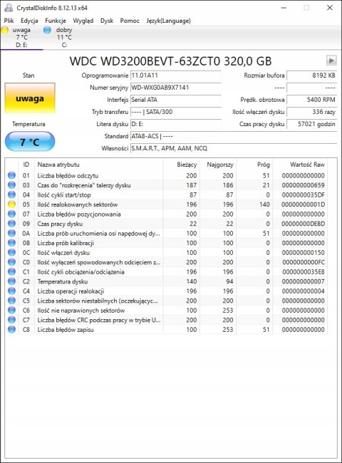 320GB HDD SATA WD WD3200BEVT 2.5 USZKODZONY