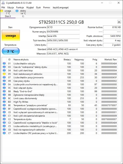 250GB HDD SATA SEAGATE ST9250311CS 2.5 USZKODZONY