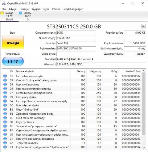 250GB HDD SATA SEAGATE ST9250311CS 2.5 USZKODZONY