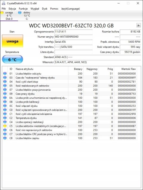 320GB HDD SATA WD WD3200BEVT 2.5 USZKODZONY