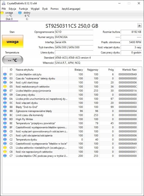 250GB HDD SATA SEAGATE ST9250311CS 2.5 USZKODZONY