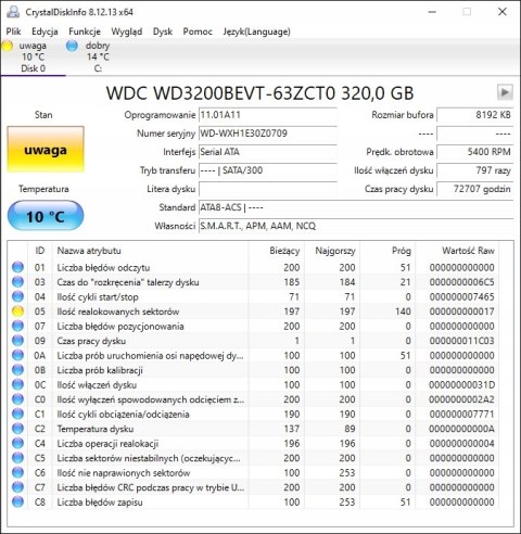 320GB HDD SATA WD WD3200BEVT 2.5 USZKODZONY