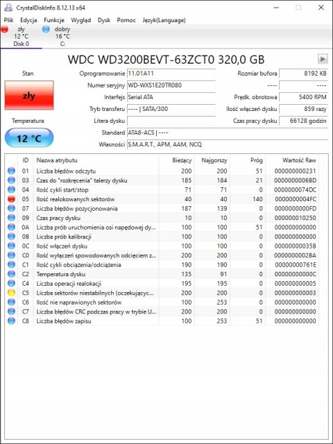 320GB HDD SATA WD WD3200BEVT 2.5 USZKODZONY