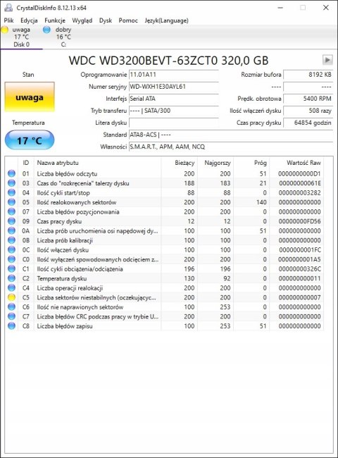 320GB HDD SATA WD WD3200BEVT 2.5 USZKODZONY